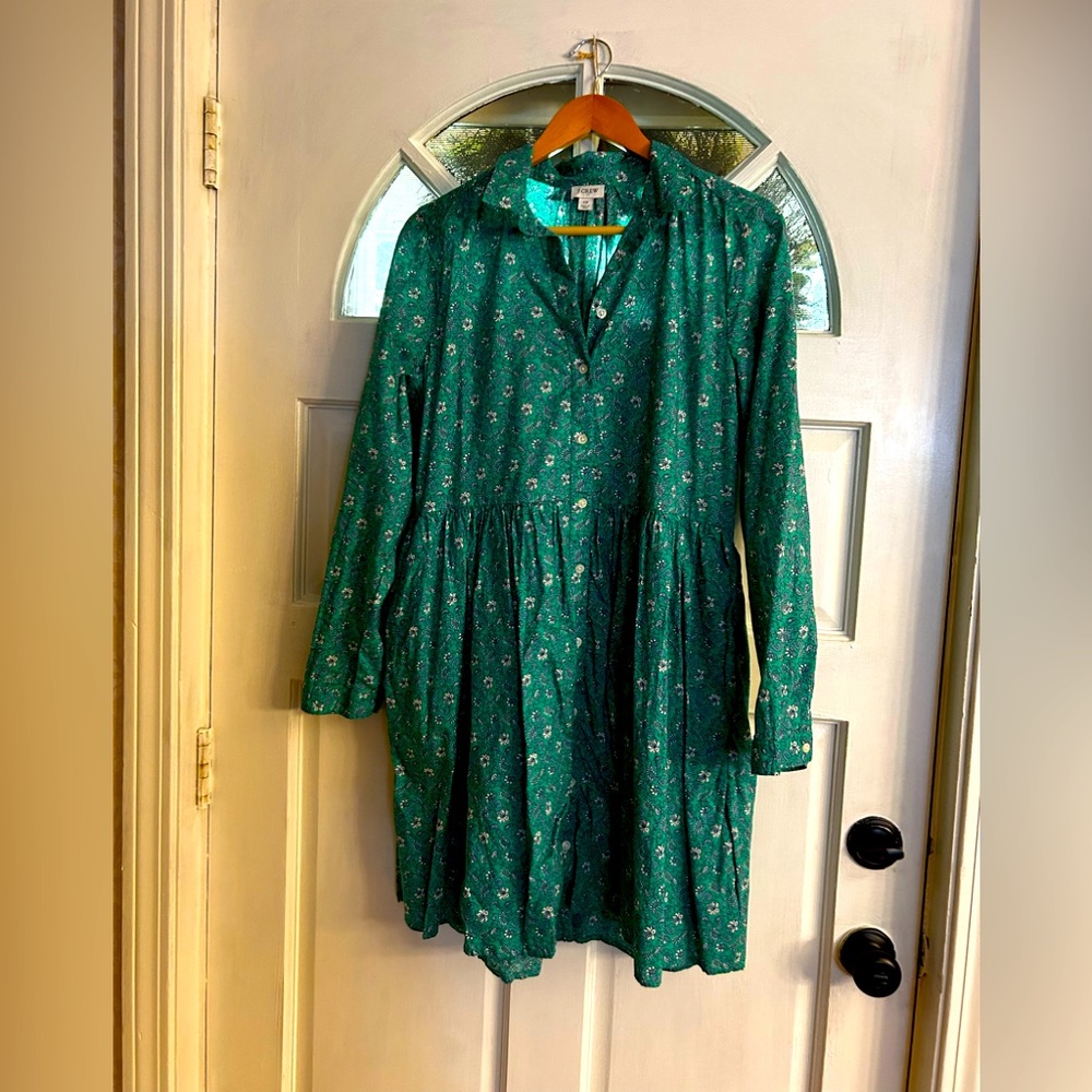 J. Crew Green Floral Long Sleeve Dress
